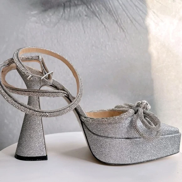 🌺MACH & MACH 🌺 Double Bow Platform Pump Silver Glitter Size: 38 - Picture 7 of 15